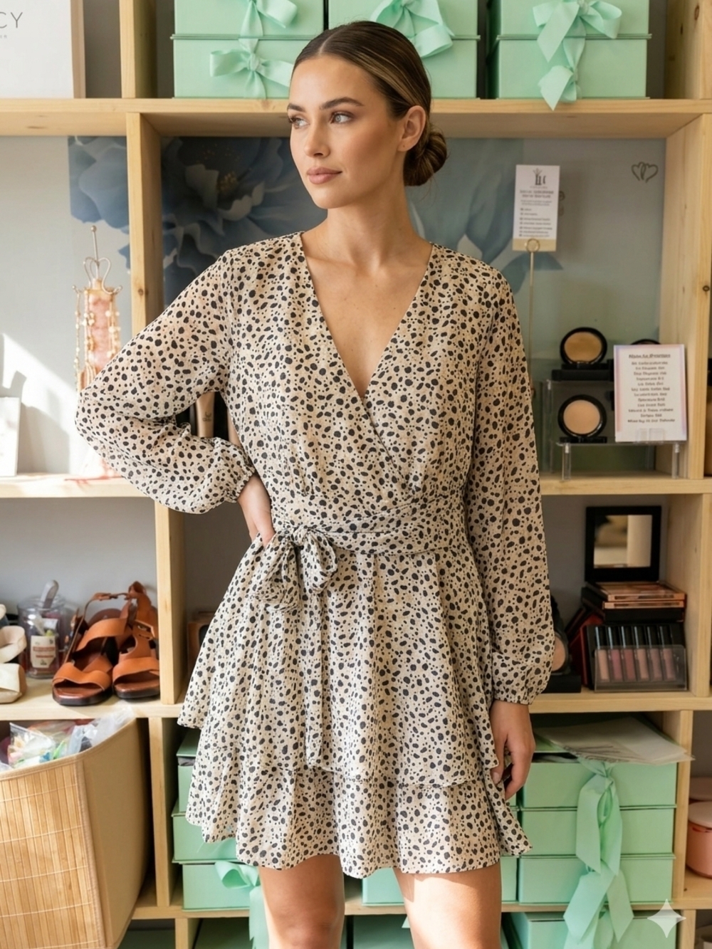Japna Cream Leopard-Spot Wrap Mini Dress